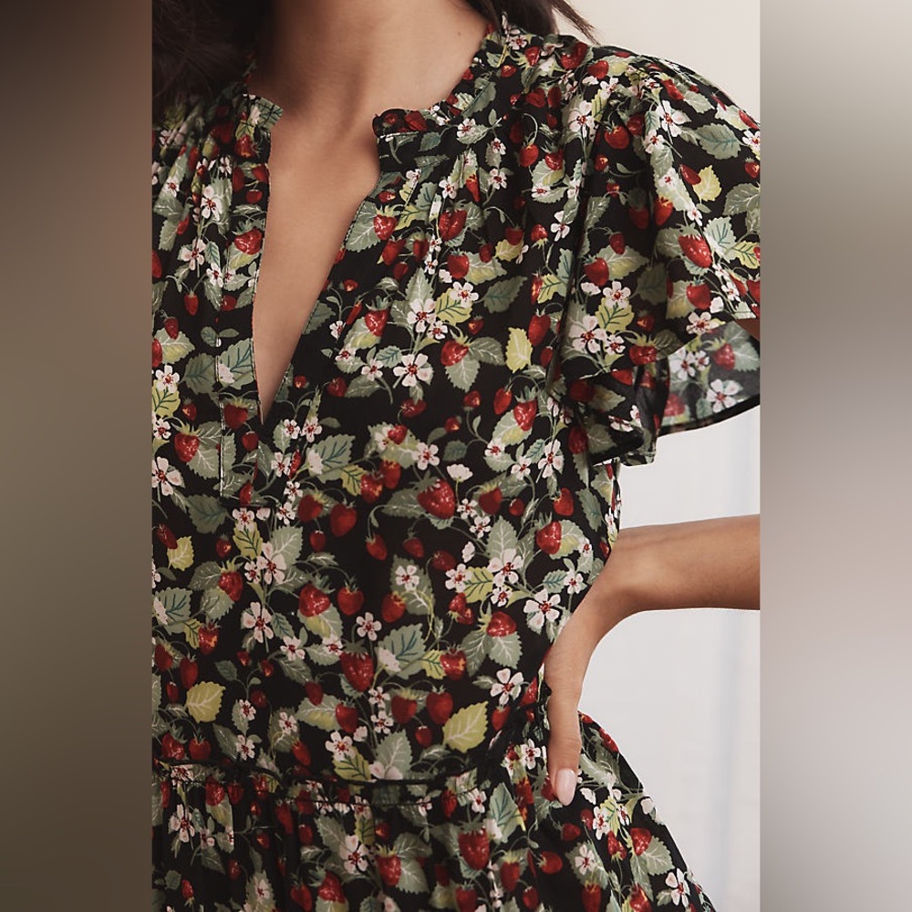 Anthologie Wild Strawberry Patch Ruffle-Sleeve V-Neck Mini Dress Womens Size: LP - Picture 4 of 16